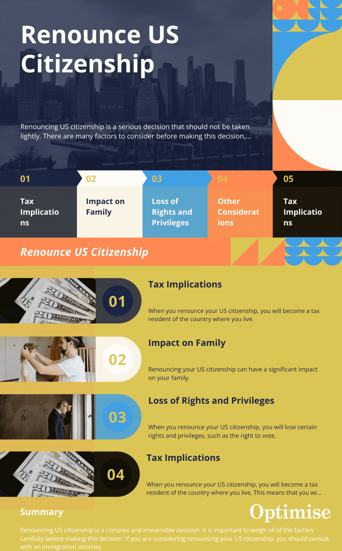 Renouncing U.S. citizenship has significant tax implications, including the possibility of being subject to the Expatriation Tax, also known as the "exit tax." Individuals renouncing citizenship who meet certain criteria (like a net worth exceeding $2 million or having paid a significant amount of U.S. taxes over the past five years) are treated as if they sold all their global assets at fair market value, potentially incurring capital gains taxes. Additionally, they must certify that they have complied with all U.S. tax obligations for the five years preceding the date of expatriation, and failure to do so can result in severe penalties and taxation consequences.
